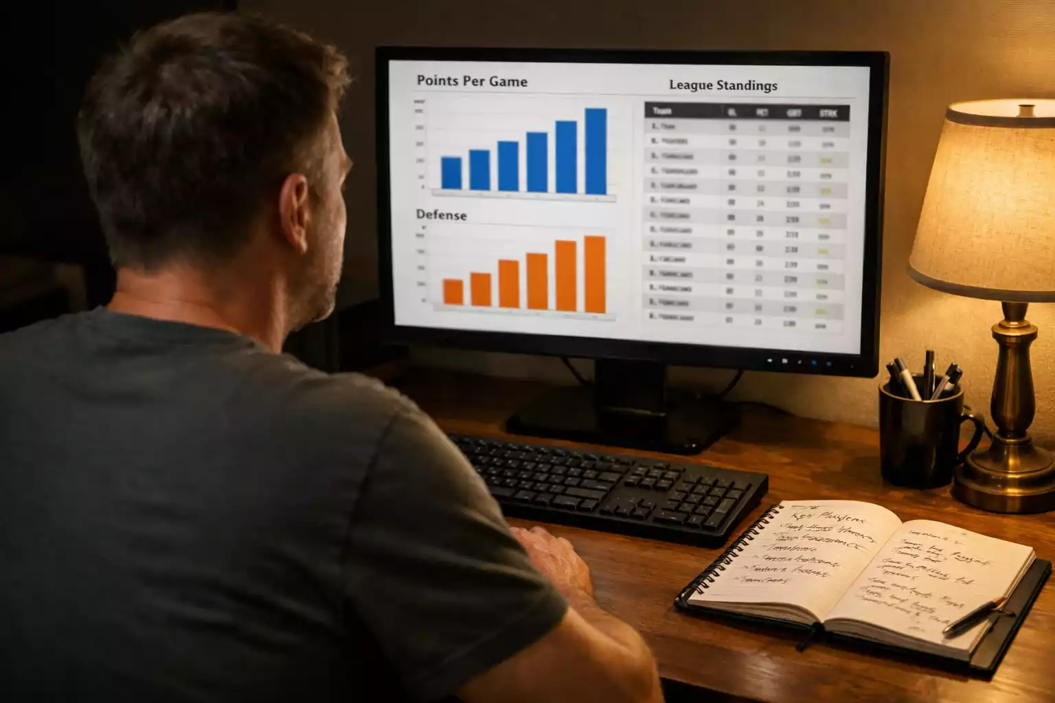 Aficionado analizando estadisticas y cuotas de baloncesto en la pantalla de un ordenador