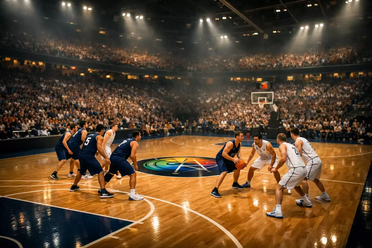 Cancha de baloncesto con banderas de selecciones internacionales durante el Mundial FIBA