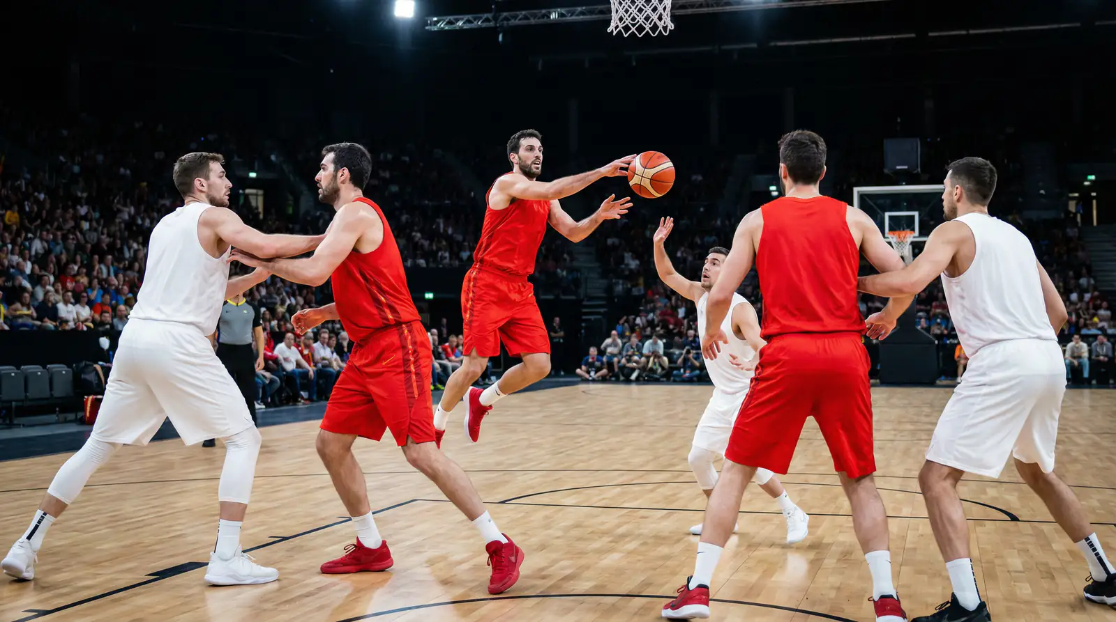 Jugadores de la selección española de baloncesto ejecutando una jugada de equipo en un partido oficial FIBA