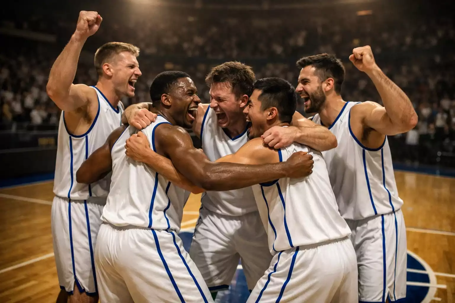 Jugadores de selecciones nacionales de baloncesto celebrando en la cancha durante un partido del Mundial FIBA
