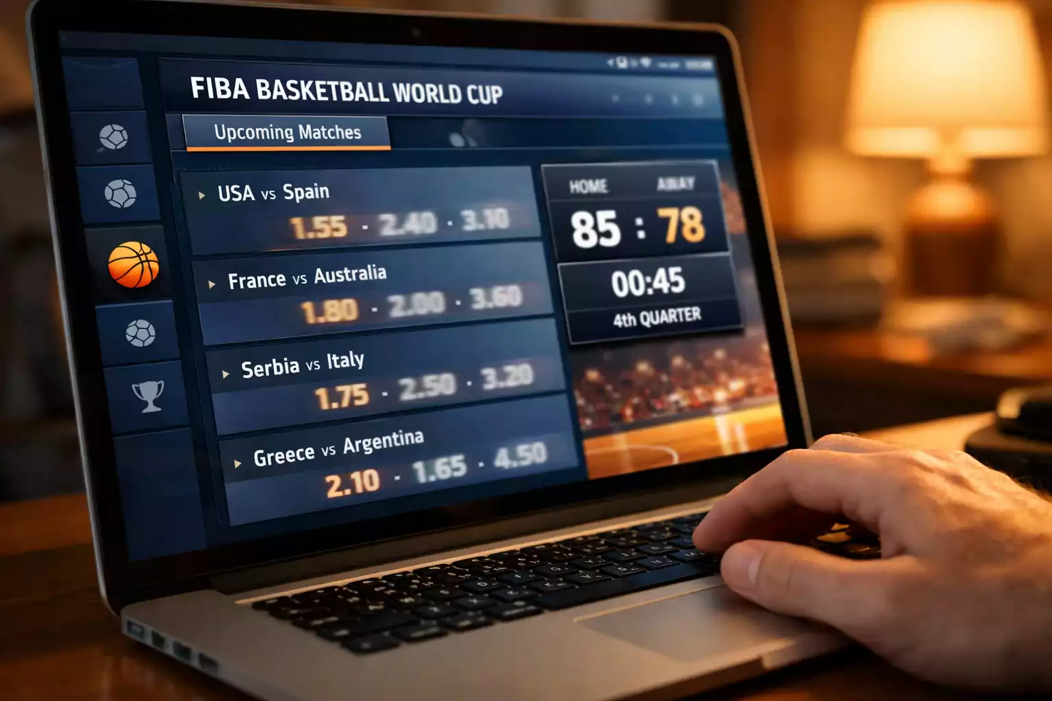 Pantalla mostrando cuotas decimales y americanas de un partido del Mundial FIBA de baloncesto